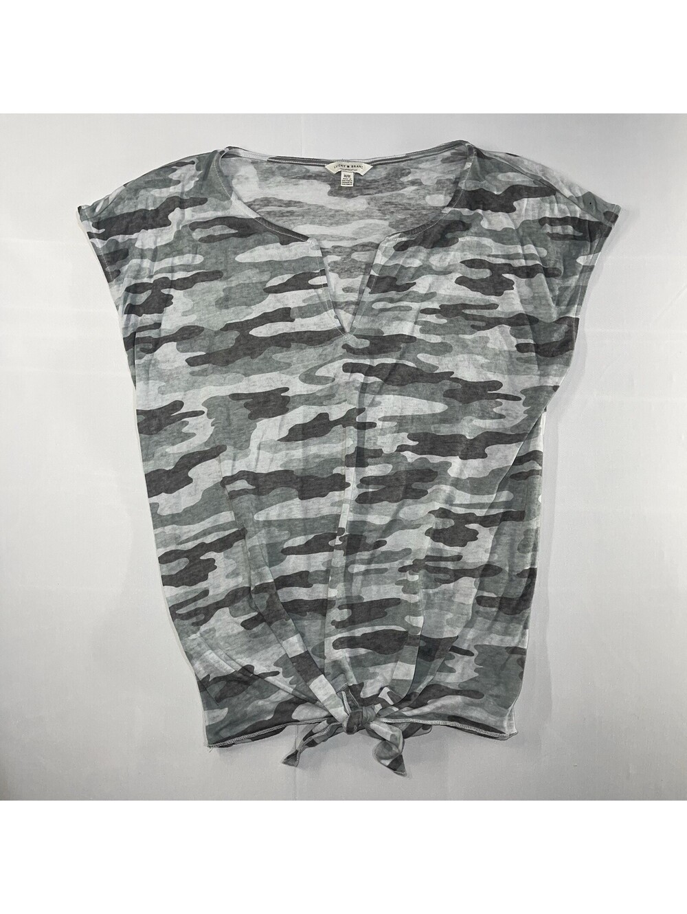 Lucky Brand Shirt Womens Medium Gray Camo Short Sleeve Tie Front Henley Sheer